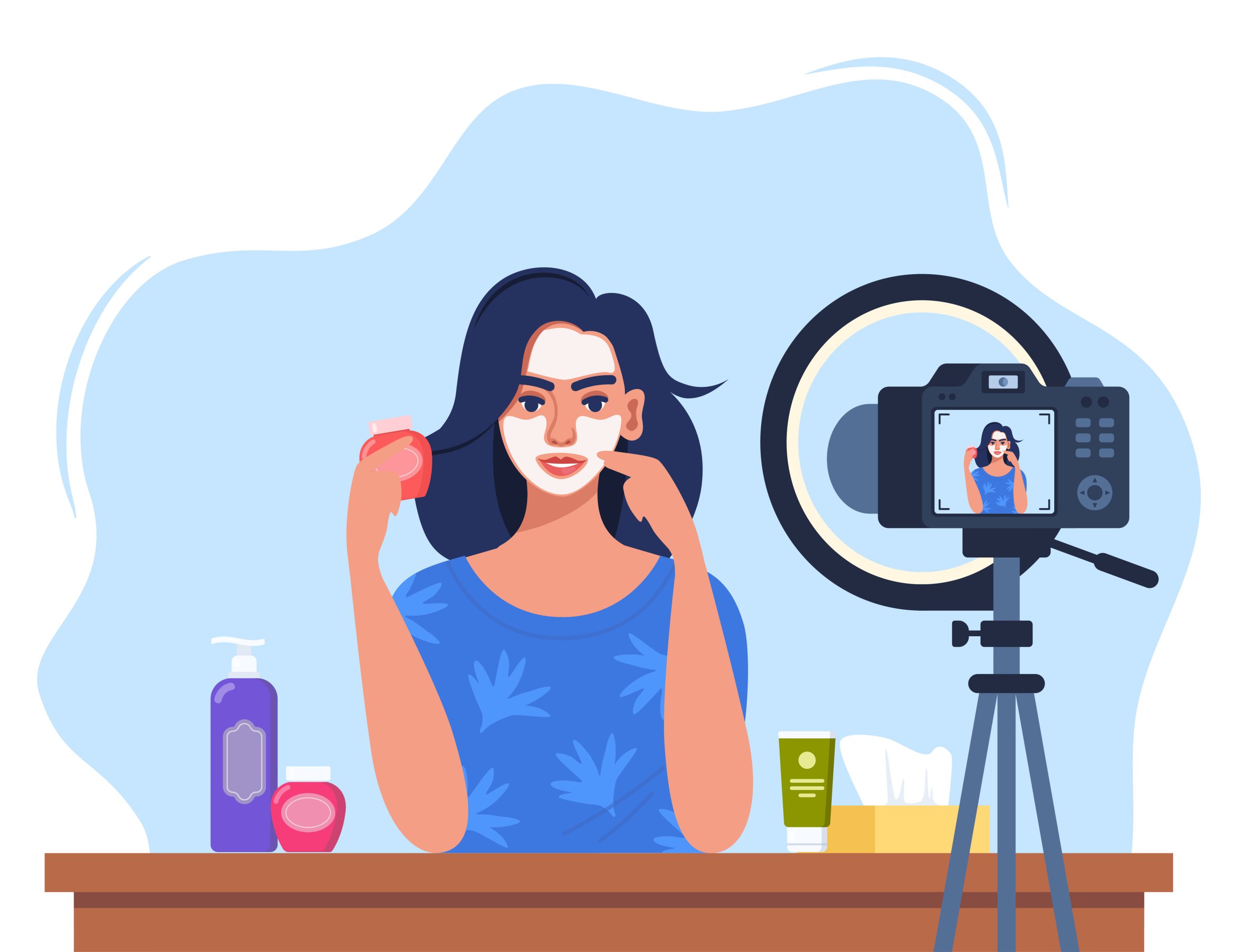 Woman beauty blogger recording skin care tutorial video for her vlog. Girl talking and showing cosmetic products in front of camera. Vector illustration